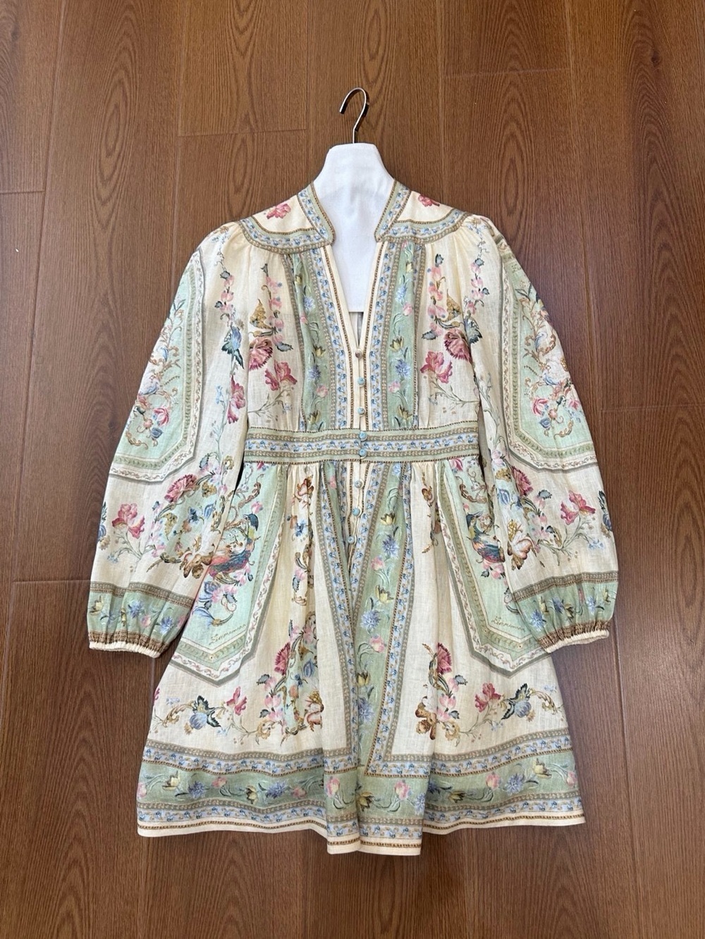 Zimmermann Cream Mini Dress with Sage Panels and Pink Floral Motif - Picture 1 of 4